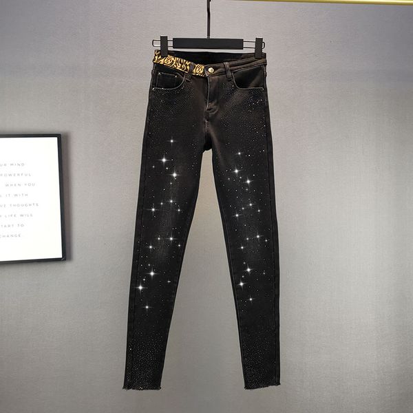 

streetwear fleece thickening women's 2020 winter new high waist slim cotton black jeans stretch penicl denim pants, Blue