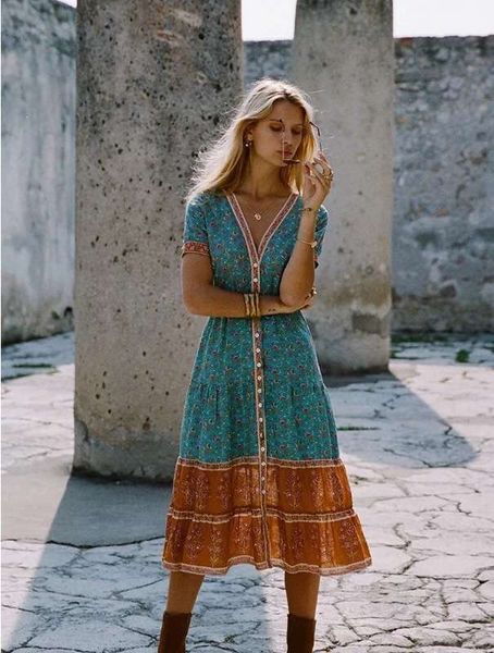 

2020 women's autumn bohemian printed dress, Black;gray