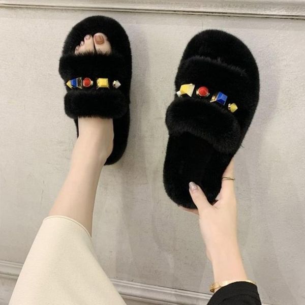 

flat - bottom comfortable fluffy slippers, Black