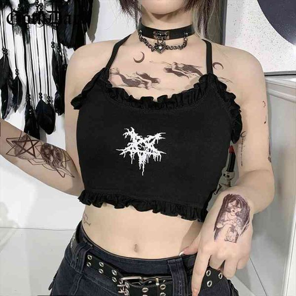 

gothic aesthetic harajuku camis black mall alternative women graphic print crop ruffles backless outfit, White