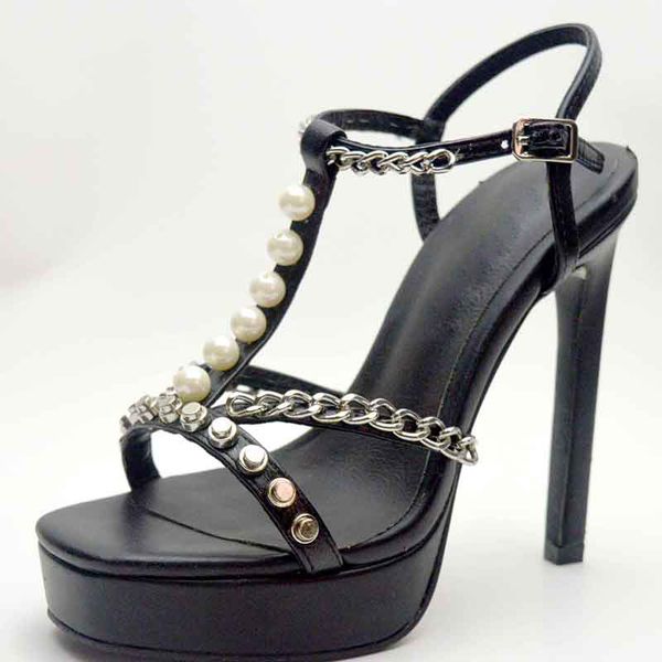

pearl chains embellshed sandals summer t belt-stylite true leather party high heel from foot open shoes zapatos mujer d3tu, Black