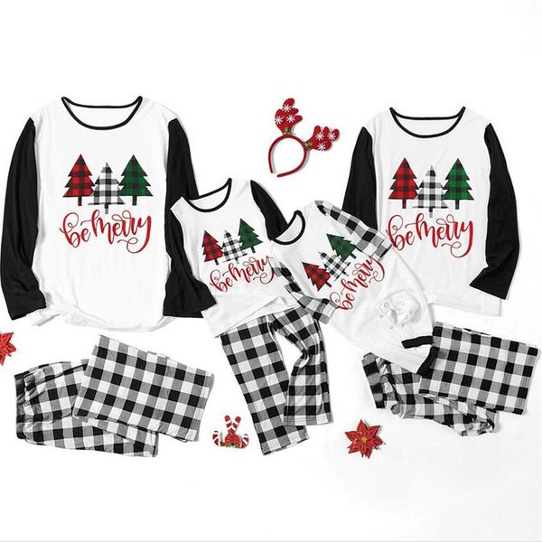 

parent-child christmas family pajamas sets women men kids baby constrast color xmas tree letters t-shirt and plaid pants suit f120301, White