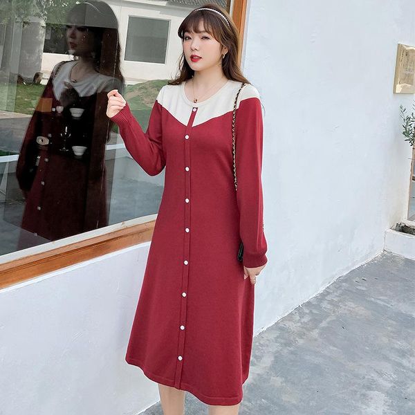 

casual dresses plus size women dress long sleeve button elegant patchwork color knit robe femme o neck party vestidos autumn winter y1493a, Black;gray