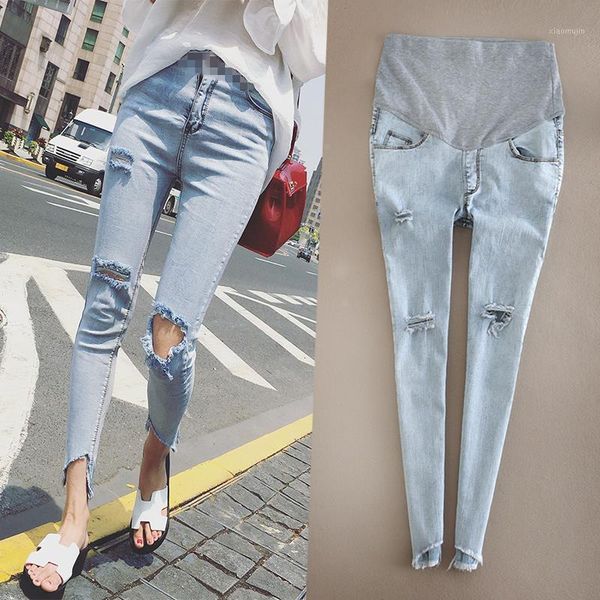 

maternity bottoms light blue hole stretch denim belly jeans spring summer pants clothes for pregnant women pregnancy skinny trousers1, White