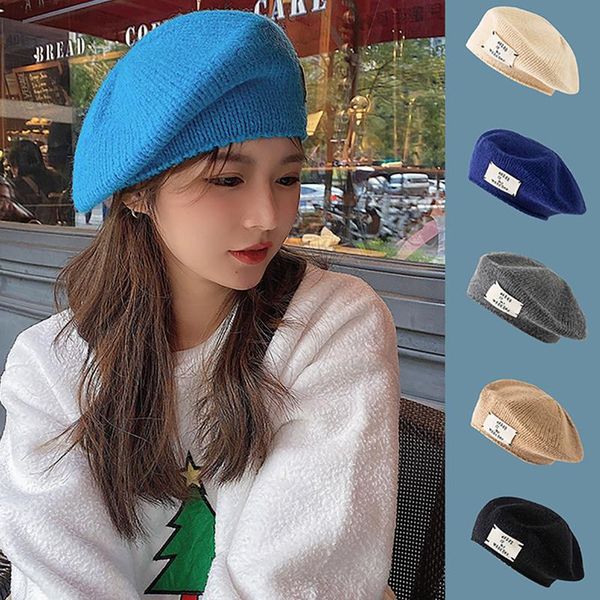 

french beret caps for women autumn winter outdoor berets street style plain cap knitting warm femme girl's beanie hat caps, Blue;gray