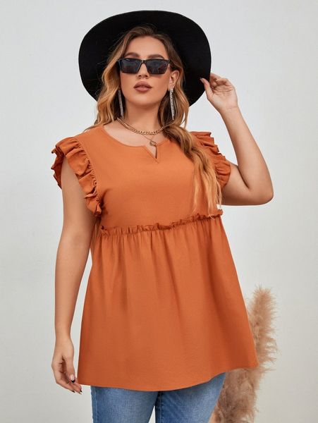 

plus ruffle sleeve frilled notched neck blouse c5o5#, Black