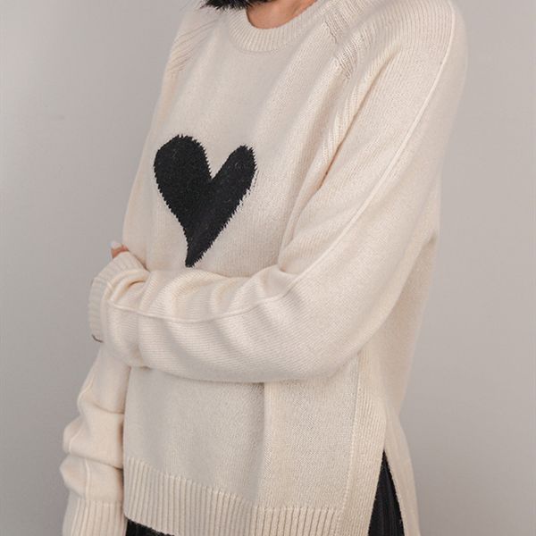 

women knitted o-neck sweater heart pattern long sleeve side split cashmere jumper knitwear female pullover 2020 new c1120, White;black