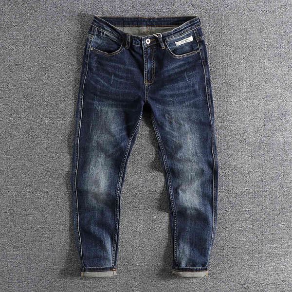 

men's jeans dark blue washed old cat beard pants elastic slim fit little foot men's jeans ykhe