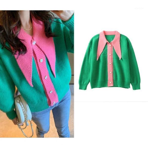 

2020 spring autumn fashion color matching patchwork green pink sweater jacket women's casual female sweater cardigan, White