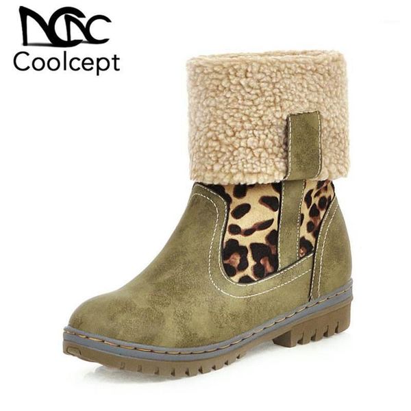 

coolcept plus size 34-48 women half short boots winter keep warm plush fur cotton shoes women patchwork leopard flats boots1, Black