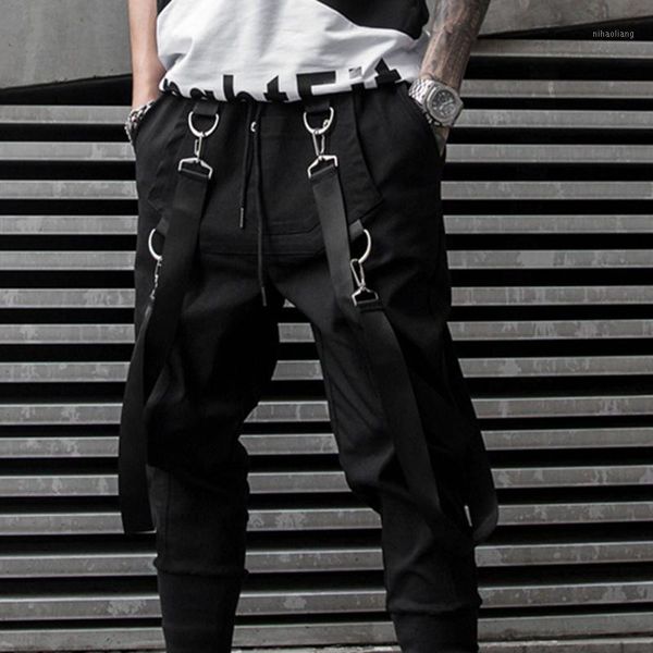 

men's pants 2021 men ribbon casual harem streetwear punk hip hop cargo trousers joggers sweatpant male drawstring dancing pants1, Black