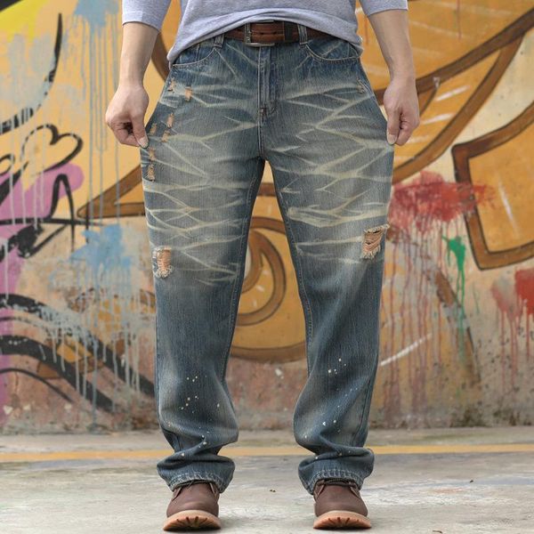 

men's jeans loose ripped large size wide leg hip hop street blue striped