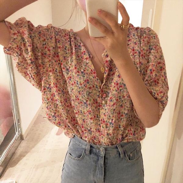 

коробов корейский цветок принт элегантные старинные женские рубашки повседневная v шеи половина рукава женские рубашки 2019 новый шифон blus, White