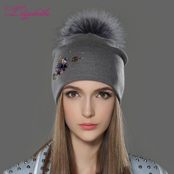 

beanie/skull caps liliyabaihe women winter hat wool knitted beanies cap real raccoon fur pom hats classic color diamond decoration, Blue;gray