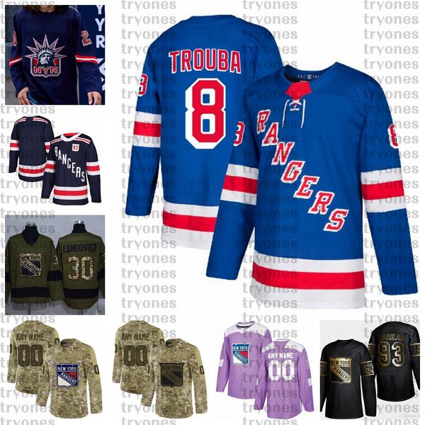 

2021 reverse retro customize 8 jacob trouba new york rangers hockey jersey golden edition camo veterans day fights cancer stitched jersey, Black;red