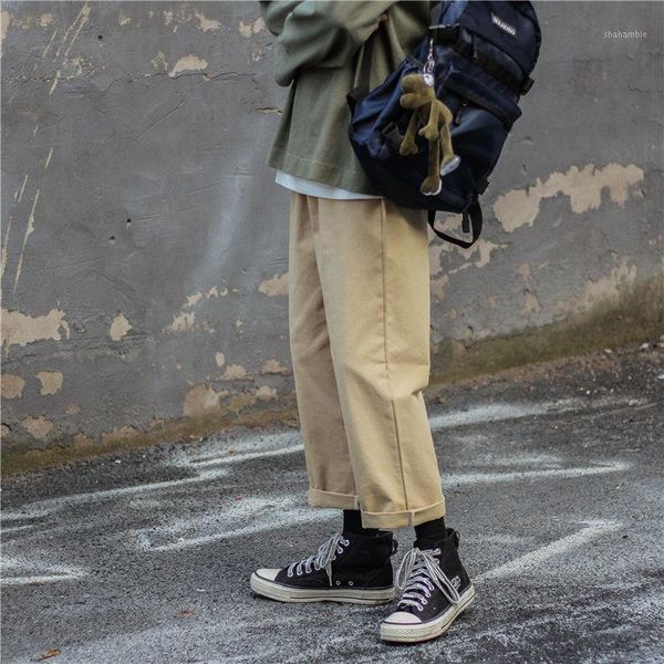 

spring summer cotton casual pants men's fashion retro straight leg pants men streetwear korean loose hip-hop cargo mens1, Black