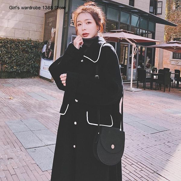 

women's wool & blends black woolen coat middle long small 2021 korean loose style hepburn high-end