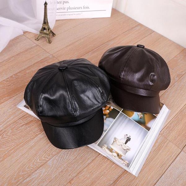 

berets nder octagon hat female autumn and winter leather beret british retro cap korean version of the wild net red tid, Blue;gray