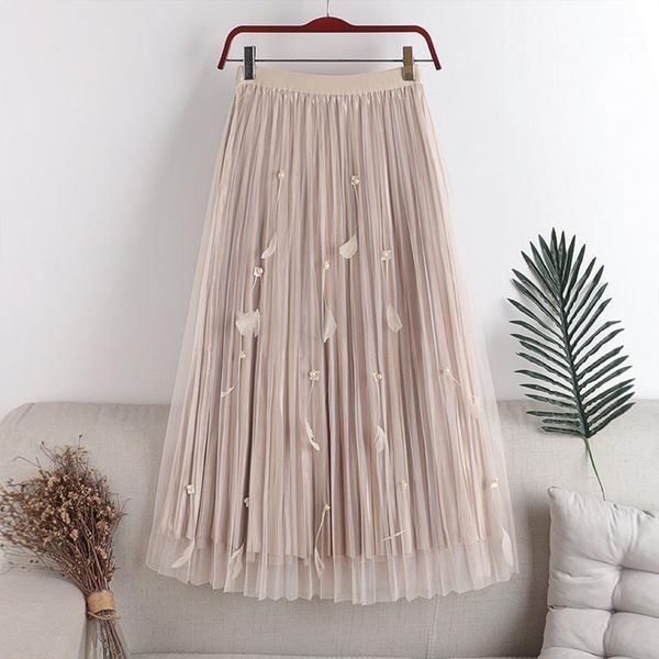 

feathers pleated beaded mesh women skirts solid knee-length elastic office lady elegant, Black
