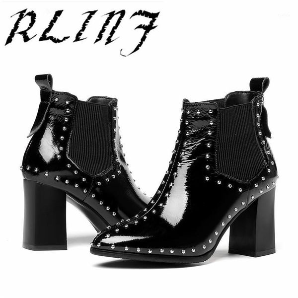 

rlinf thick with studded leather women's booties boots1, Black