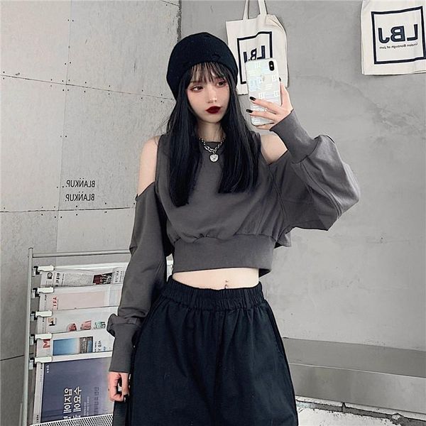 

off shoulder crop fashion kpop korean style black harajuku hoodie for girls vintage women's sweatshirt sweat shirt 033s501