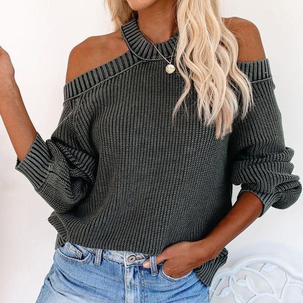

women open shoulder sweater knitted round neck casual solid long sleeve warm stylish loose outerwear pullovers ladies 1, White;black