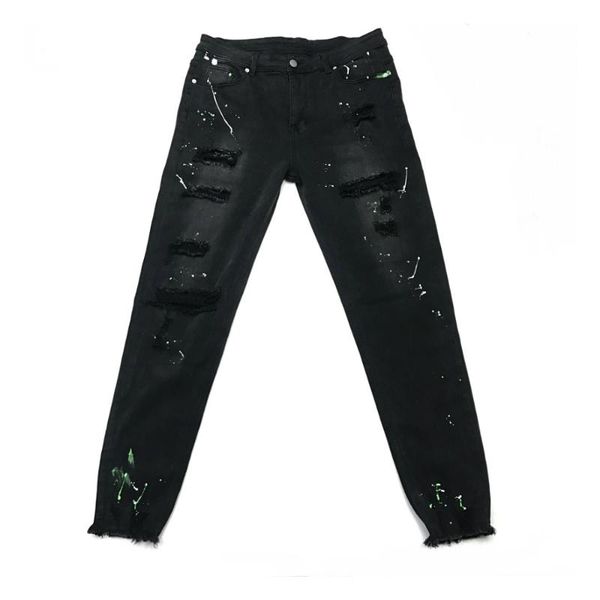 

black skinny fit stretch jeans ripped holes multicolor print streetwear, Blue