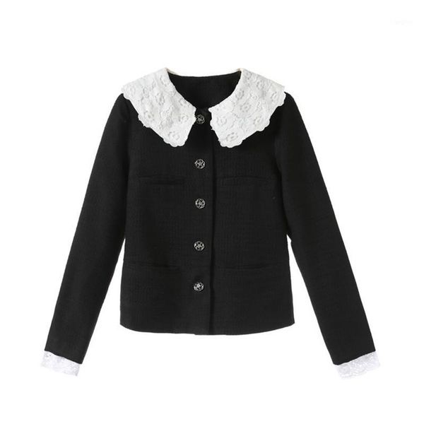 

2020 winter elegant lace women black tweed jackets and coats runway single breasted floral buttons lady overcoat clothes1, Black;brown