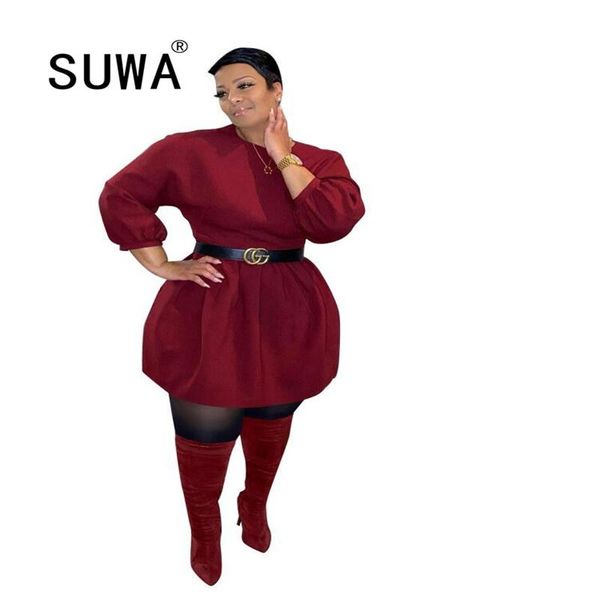 

casual vintage style women solid dresses o-neck long sleeve skinny waist pleated mini dress autumn winter wear nightclub party, Black;gray