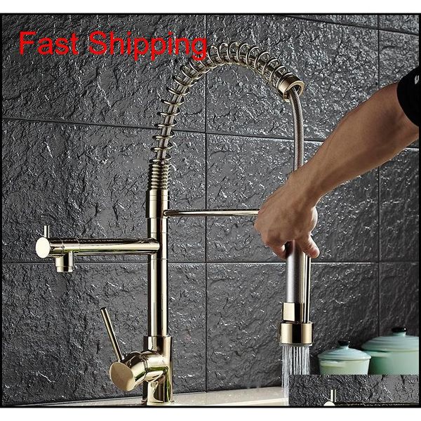 

wholesale- luxury gold color new kitchen faucet tap two swivel spouts extensible spring mixer tap gold pull o qylwaa packing2010
