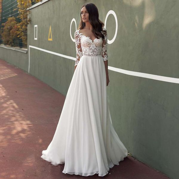

2021 new charming bohemian wedding es three quarter sleeves v neck lace applique a line boho bridal vestidos de novia sd9h, White