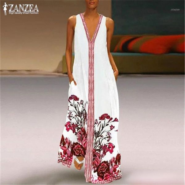 

casual dresses women's print sundress zanzea 2021 bohemian summer maxi dress causal sleeveless v neck long vestidos female beach party, Black;gray