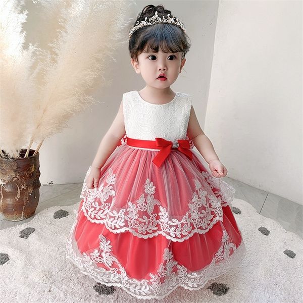 

lace christmas girls dress baby girls full flower cake dresses for party kids 1 year baby girl birthday dress lj201221, Red;yellow