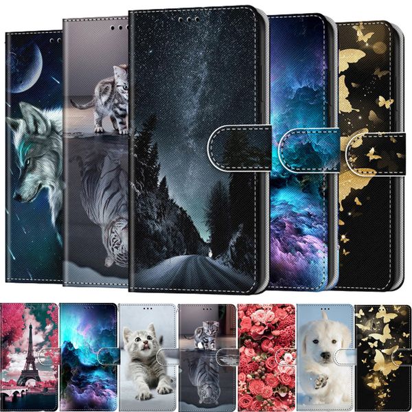 

flip leather phone case for redmi note 9 9s pro 9a 9c fundas 3d wallet card holder stand book cover cat dog painted coque capa