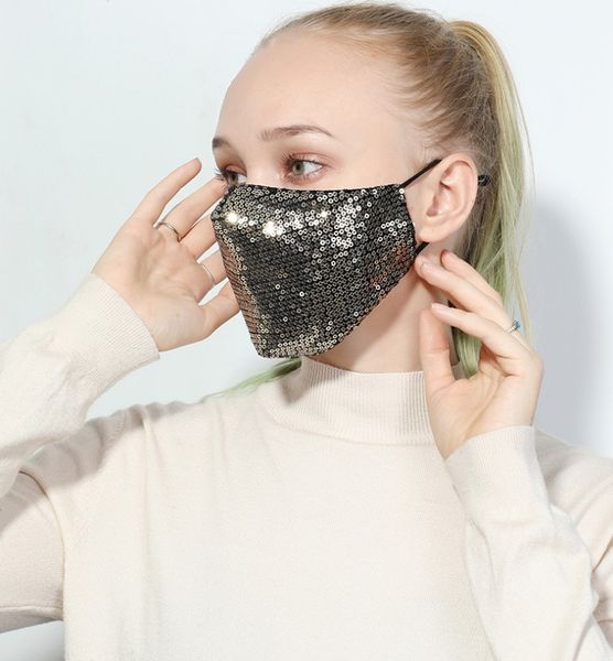 Maschera per il viso alla moda Maschera riutilizzabile lavabile PM2.5 Scudo per la cura del viso Colore del sole Paillettes al gomito in oro Lucido Coperchio per il viso Maschere per il montaggio Anti-polvere ZZC3266