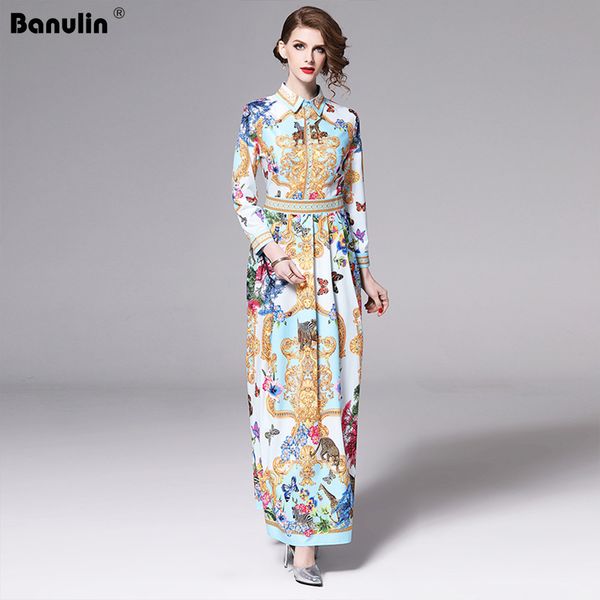 

banulin runway designer spring holiday maxi dress women's long sleeve gorgeous printed vintage long shirt dress vestido 201204, Black;pink