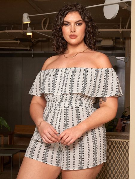 

plus floral flounce trim bardot romper d1nj#, Black