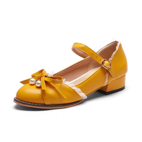 

new 2021 ladies spring summer plus size casual shoes for girls women low heel cow leather bowknot lace buckle strap yellow shoes, Black