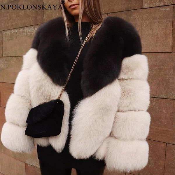 

thick warm faux fur coat women patchwork color winter 2020 fashion fur jacket slim elegant outerwear chaquetas mujer1, Black