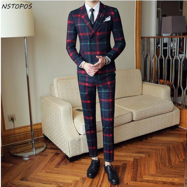 

red plaid suit for men (jacket +vest+pant) 2020 new party wedding suits men costume mariage homme check male suit british style t200303, White;black