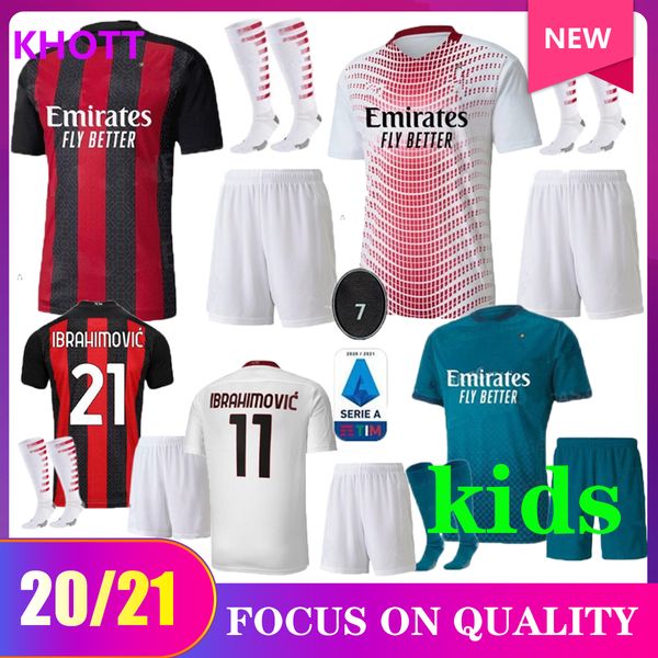 

20 21 milan soccer jersey kids ac 2020 2021 ibrahimovic piatek football shirt paqueta bennacer theo tonali camisa de futebol sets uniforms, Black