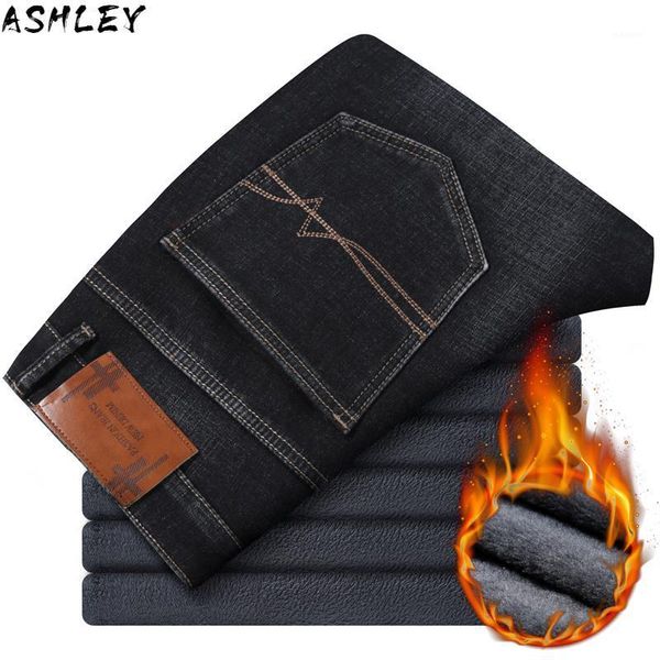 

winter new 2020 men's warm jeans anti-theft zipper design thicken stretch jean trousers classic style fleece pants male brand1, Blue