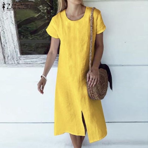 

zanzea 2020 summer women o neck short sleeve cotton linen dress scasual split hem midi sundress robe feminina olid shirt vestido1, Black;gray