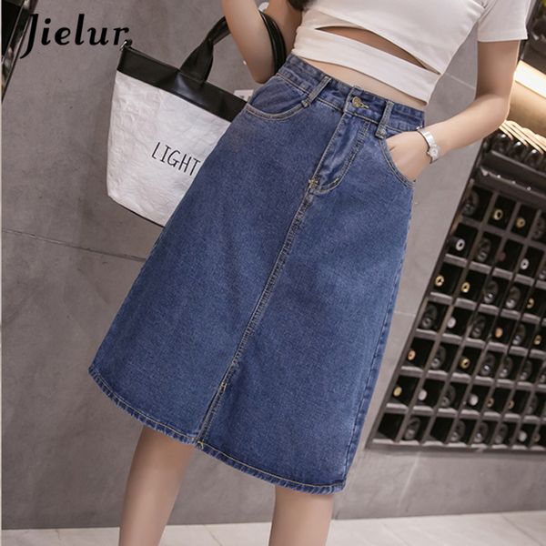 

jielur kpop oversized summer female a-line skirts solid color sweet blue denim skirt women hipster split jeans saias s-5xl q1209, Black