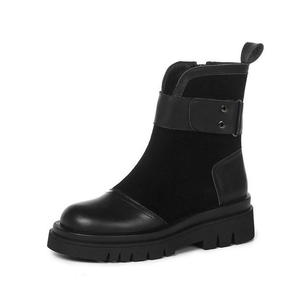 

cow suede leather women ankle boots warm autumn winter riding boots platforms zipper shoes woman high heels female shoes, Black