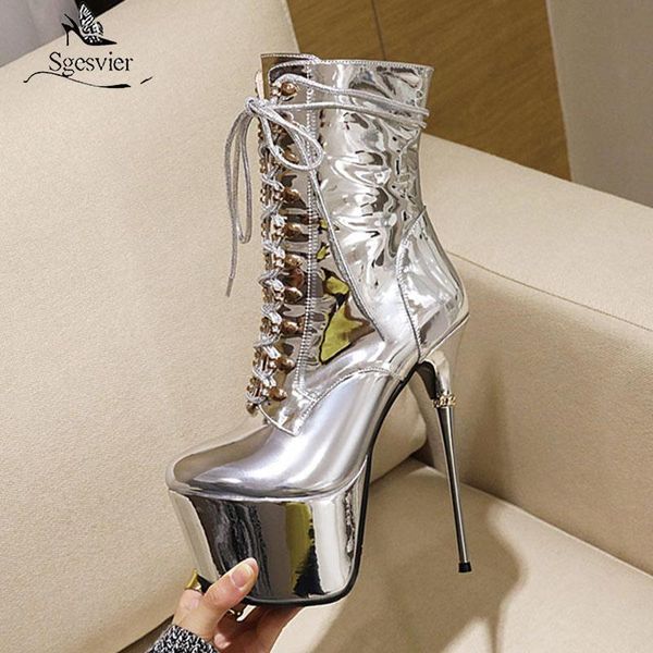 

sgesvier summer women patent leather ankle boots thin heel shoes women platform black sliver shoes super high heels short boots