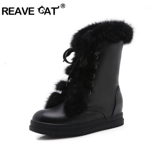 

boots reave cat womensnow winter's botas mid-calf round toe faux leather fur lace up cross-tied warm high platform size 34-431, Black