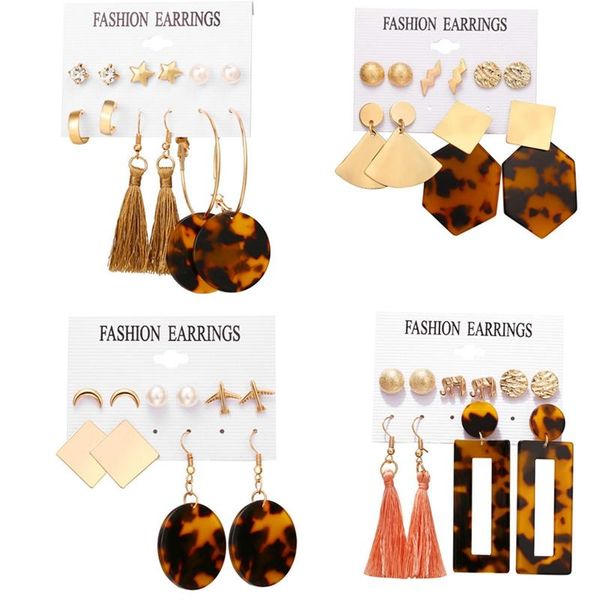 

hoop & huggie acrylic artificial pearl circle tassel stud earring set women fashion pendant earrings 4-piece, Golden;silver