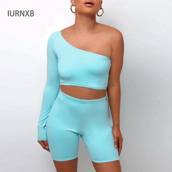 

yoga outfits 2piece seamless set asymmetrical one shoulder long sleeve crop sport leggings shorts running sportswear clothing1, White;red
