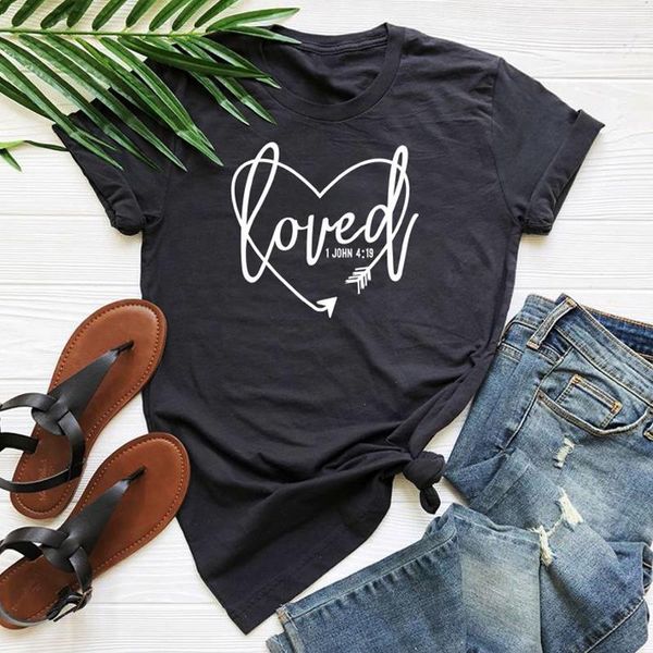

loved 1 john 4:19 t-shirts femme summer vintage faith bible verse tee shirt men women religious christian scripture tshirt, White